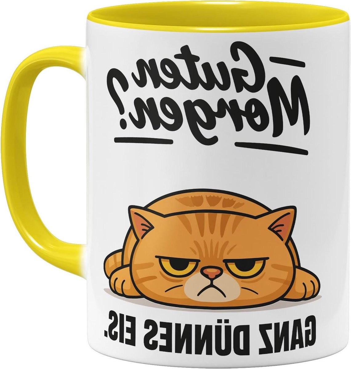 Koffiemok Kat - Grappige Mok - Ochtend Genieten - Dubbelzijdig Bedrukt - 325 ml - Geel