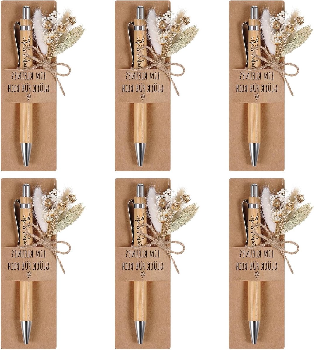Houten balpen met gravure en boeket van echte gedroogde bloemen, inclusief papierhouder voor afscheidscadeau voor leraar, collega of vriend - 6 sets