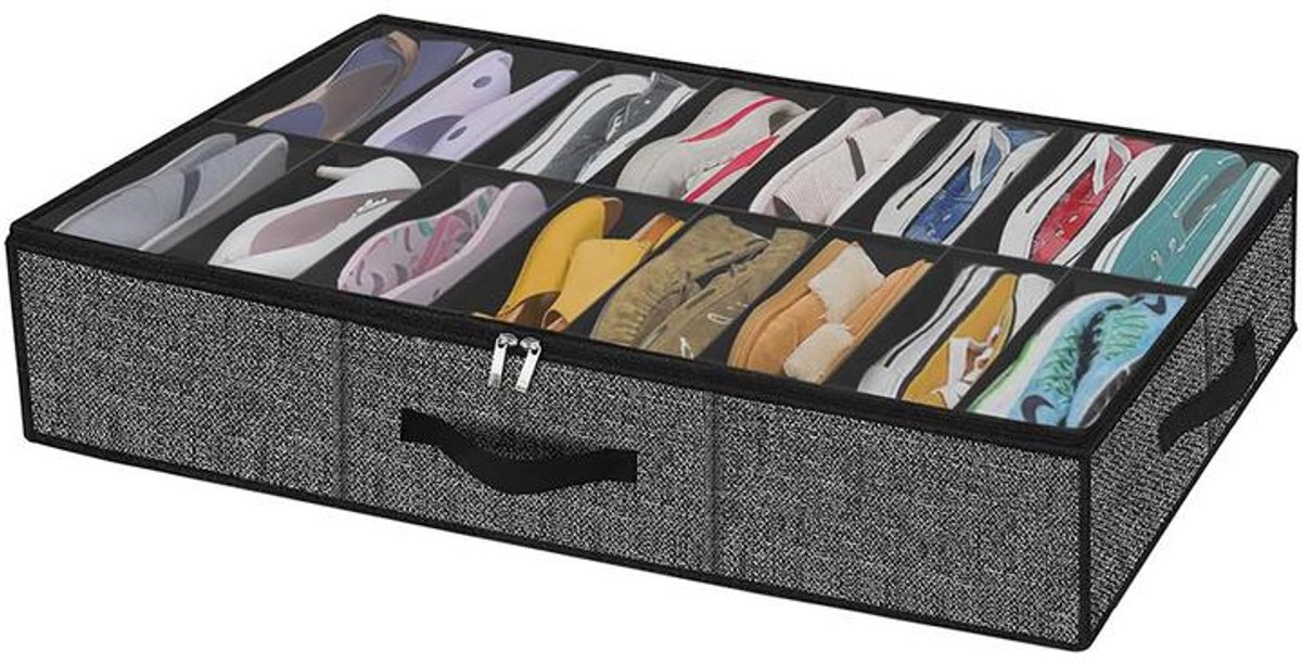 KZQ Schoenopbergdoos - Opbergtas voor schoenen onder het bed - Opvouwbare schoendoos - Biedt plaats aan 16 paar schoenen - Voorzien van 4 handvatten en 2 ritsen - Geschikt voor mannen en vrouwen - 75 x 60 x 15 cm - Grijs