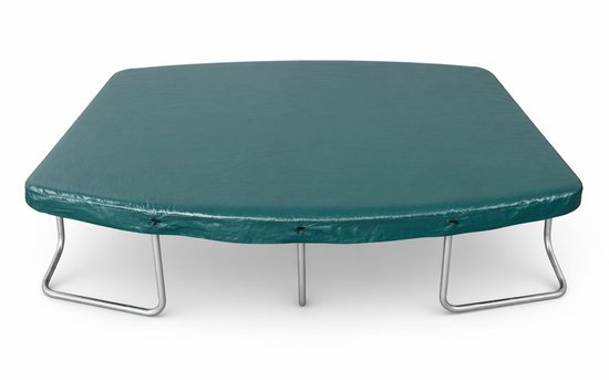 Donkergroene trampolinehoes op een zilverkleurig frame met vier poten, op witte achtergrond.