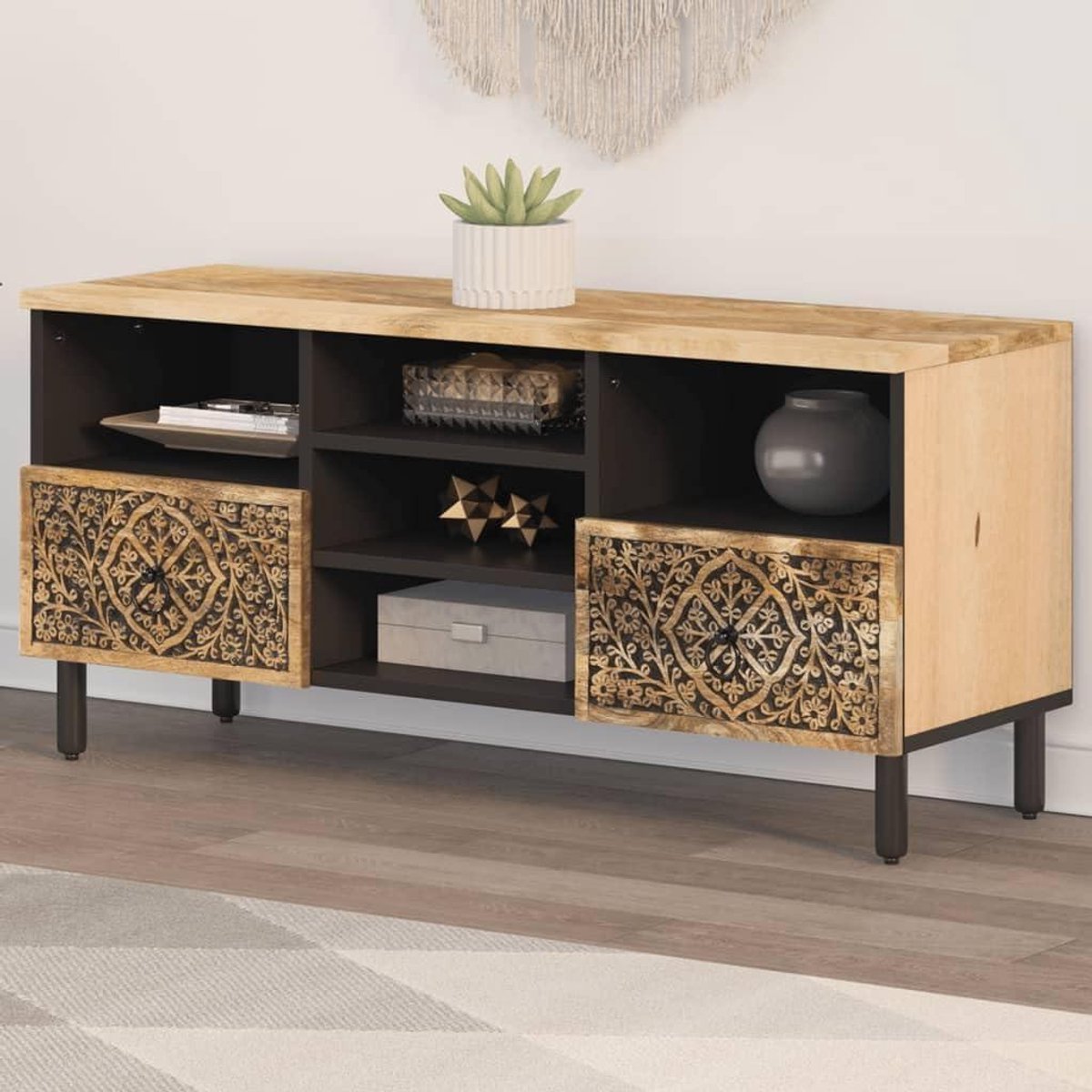 Televisiekast Massief Hout - Tv Meubel - Media Opslag - Handgesneden Patroon - 100x33x46 cm - Bruin