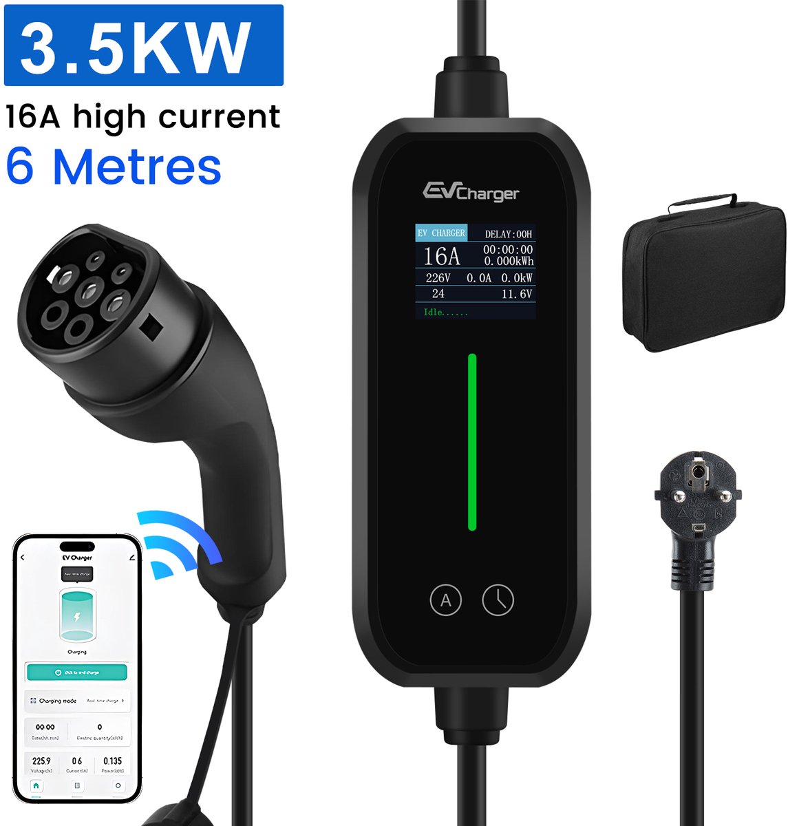 Enkelfasige EV-laadkabel 3.68KW 16A 6M - Hexinex Type 2-laadstation APP-bediening Schakelbare stroom IEC62196-2 & IP65