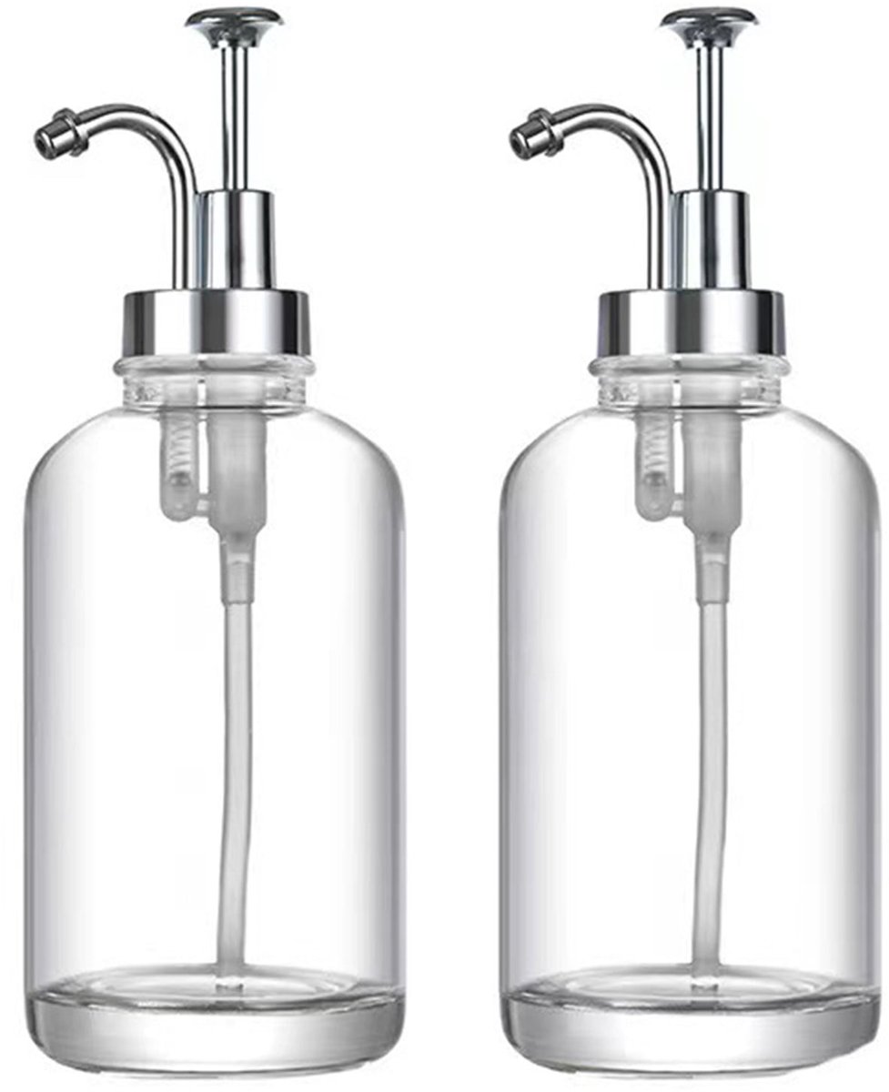 Herbruikbare Pompfles - Set Van 2 - 500ml - Transparant Glas - Zilveren Pomp - Vloeibare Zeep/Shampoo/Afwasmiddel - Met Stickers + Trechter - Voor Thuis/Hotel/Keuken - Transparant + Zilver - 500ml Per Fles - 2 Stuks
