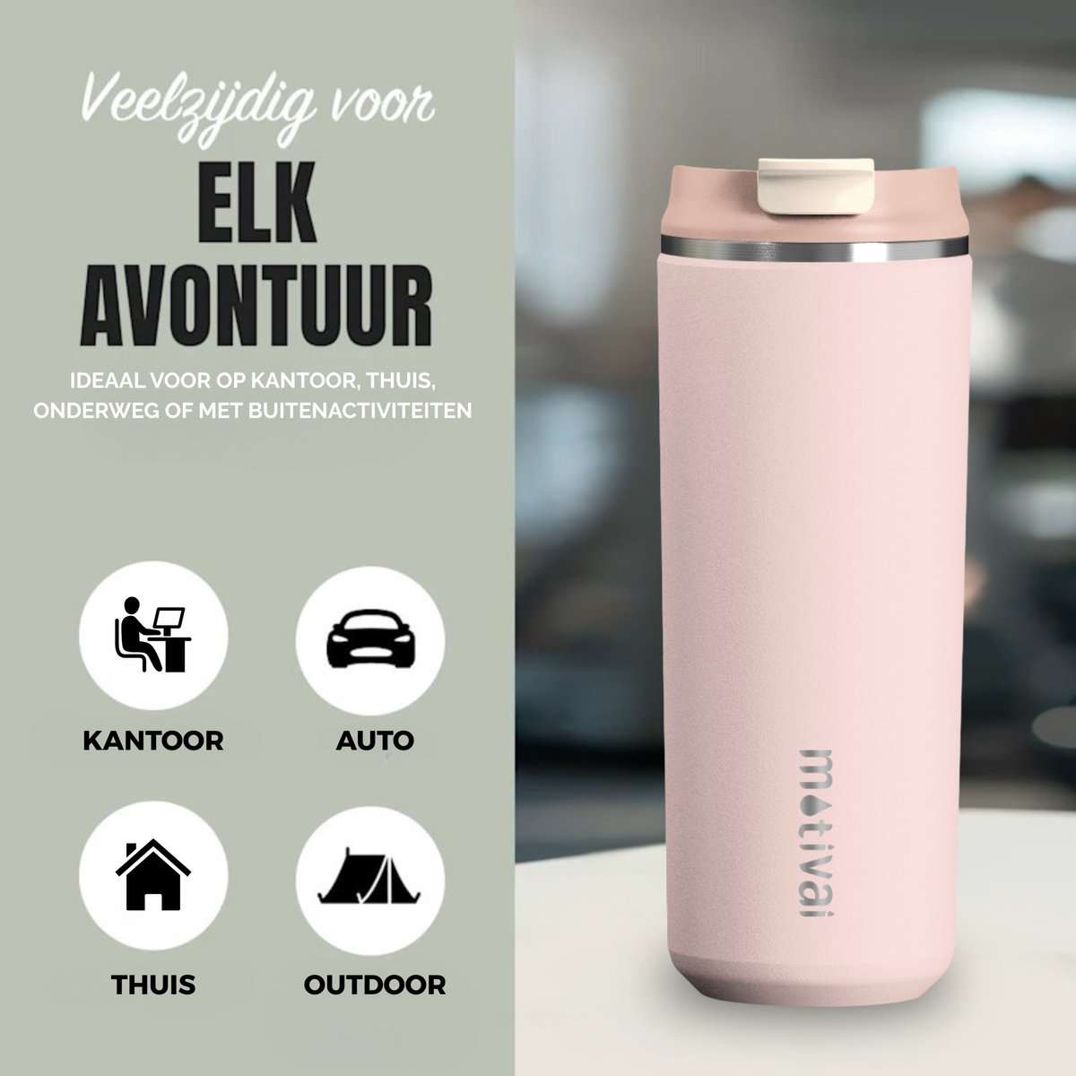 Motivai Daily Cup – Thermosbeker To Go – 470ML RVS Thermosmok – Lekvrij – Dubbelwandig Geïsoleerd – BPA-vrij & Duurzaam – Koffiebeker voor Onderweg – Rosé — cadeau in Koken & Dineren - foto 3