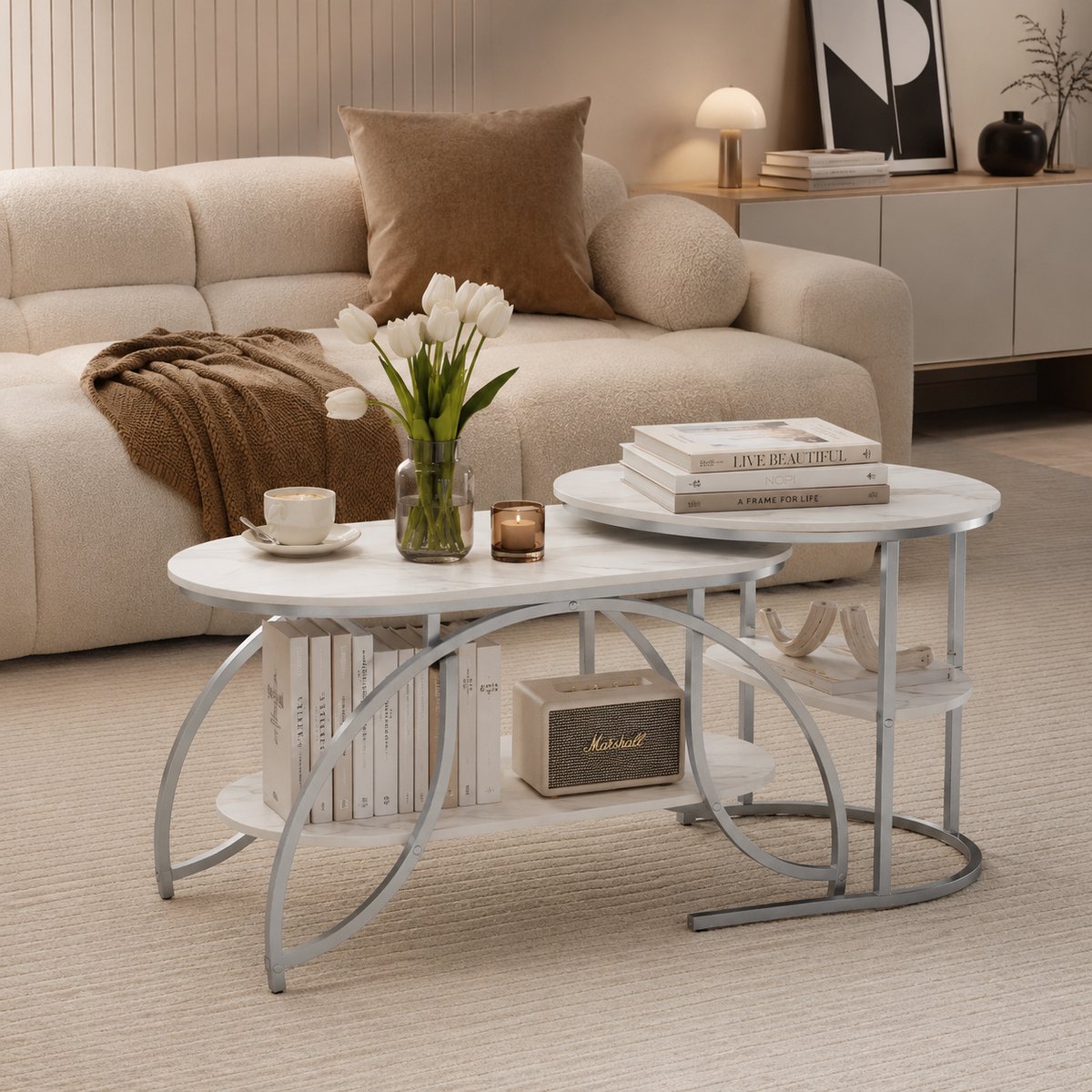 Salontafel set van 2 - en Metaal - Bijzettafel met 4 Niveaus - Voor Woonkamer, Slaapkamer - 80/52cm - Wit Marmer - Industrieel Design - Wit Metalen Frame