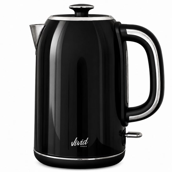 Gedetailleerde productfoto van een glanzende zwarte waterkoker met zilverkleurige accenten.