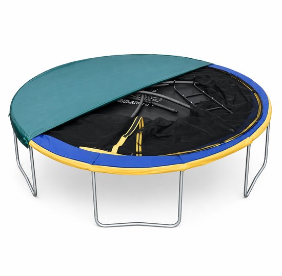 Ronde groene trampolinehoes deels geopend, toont de trampoline met blauwe en gele rand.