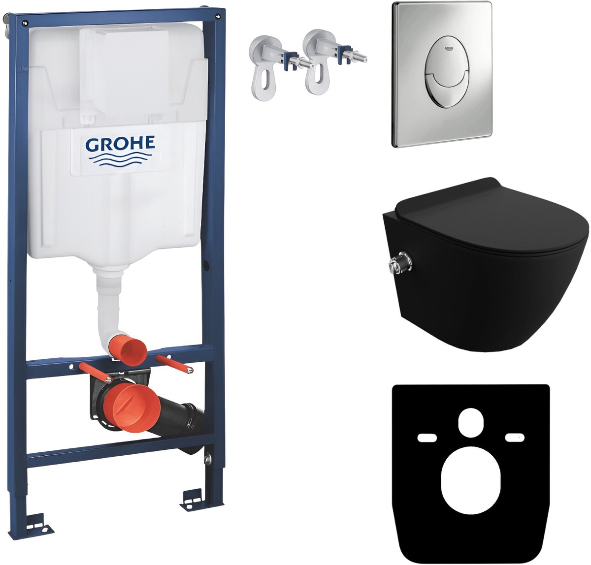 Inbouwreservoir Complete Toiletset Grohe Solido 39069000 - Inbouw WC Hangtoilet Wandcloset Salto Black - Bedieningsplaat Skate Air Chroom - Voorwandelement - Installatiesysteem