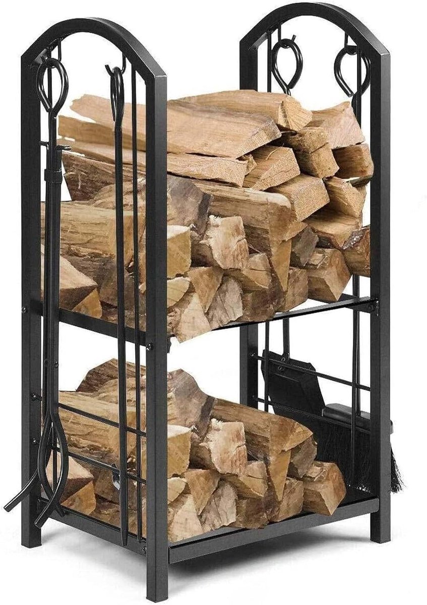 Haardhoutrek Binnen - Houtblokstandaard Open Haard - Haardhout Opslag - Dubbele Poedercoating - 74 cm Hoog - Zwart