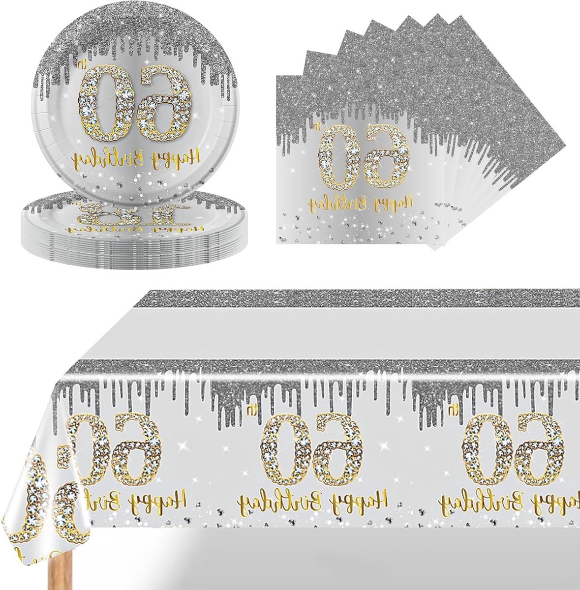 Luxe 60e Verjaardag Servies Set Zilver Goud (37 Delen) - Borden, Servetten & Tafelkleed