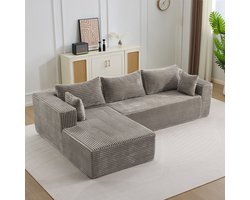 Merax L-Vormige Hoekbank 2-Zits - Grijze Ribstof Cloudbank - Modulaire Loungebank met Chaise Longue - Diepe Zitting - Slaapfunctie - Geen Montage Nodig - Sofa voor Woonkamer en Appartement