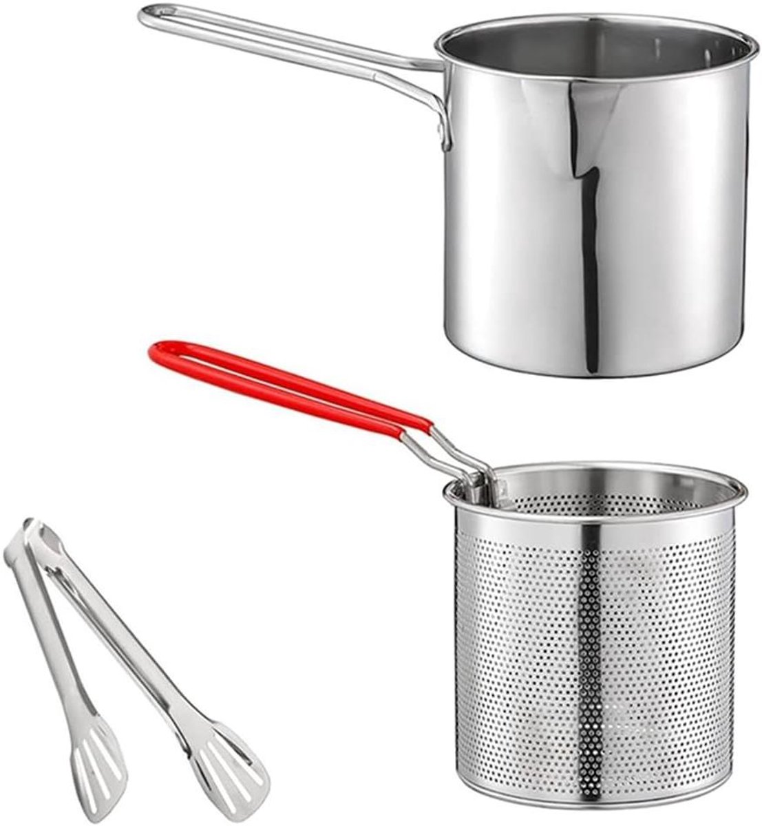 Frituurpan Roestvrij - Koekenpan Zeefmand - Lekker Bakken - Inclusief Tang - 27 x 15 x 15 cm - Zilver Rood