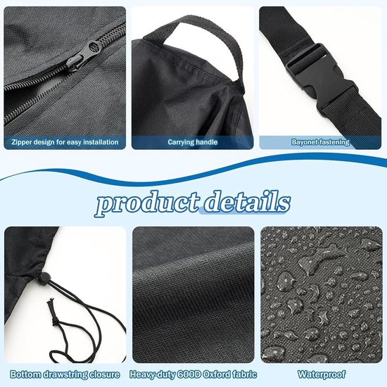 Productdetails van zwarte trampolinehoes: ritssluiting, handvat, gesp, trekkoord, zware stof en waterdicht.