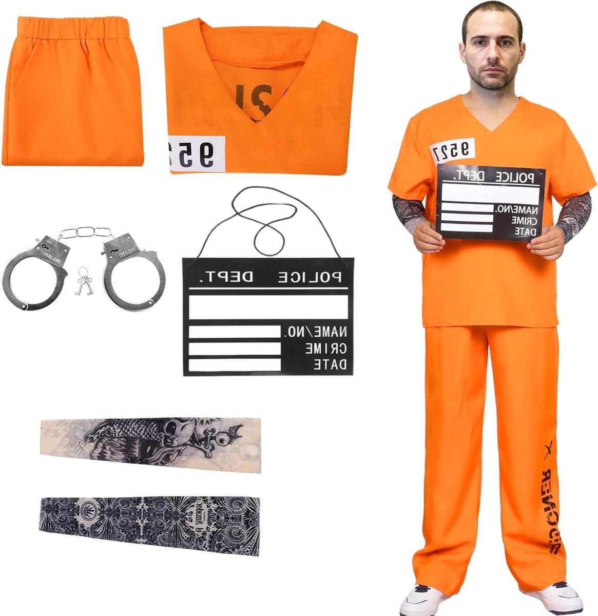 Oranje gevangeniskostuum voor mannen met handboeien, mouw en informatiebord voor carnaval en cosplay feestjes