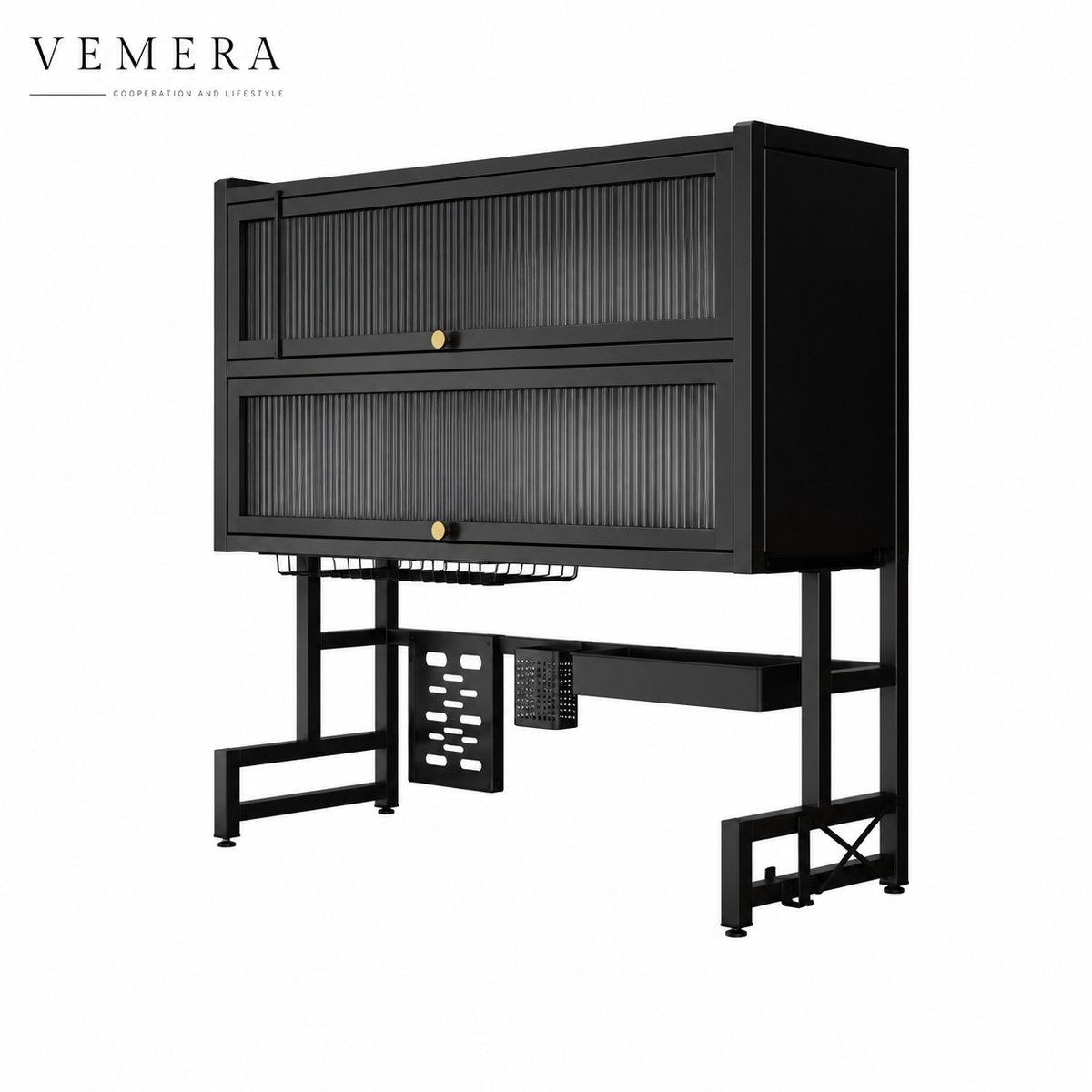 Vemera keukekast - keuken organizer - gootsteenkast - opklapbare kastdeur - 3 laags - 65×28×104cm - zwart