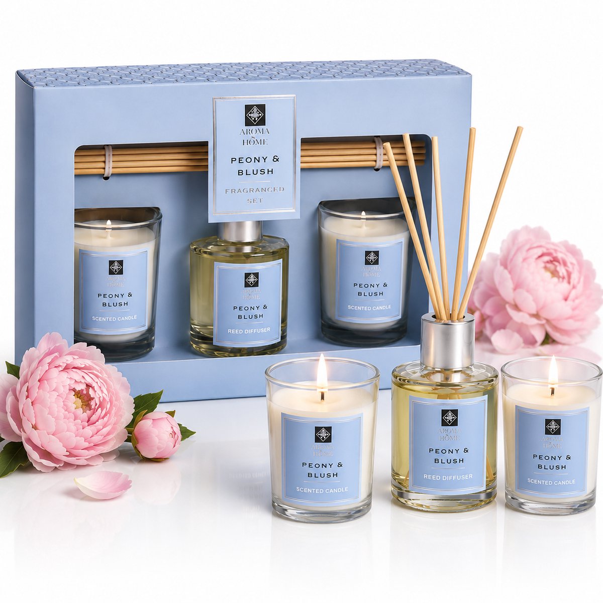 EasyMart Geurcadeauset Peony & Blush – 3-Delige Geurset met 2 Geurkaarsen & Reed Diffuser – Luxe Huisparfum met Geurstokjes – Wellness Cadeau Set – Home Spa & Woondecoratie – Cadeau voor Vrouwen