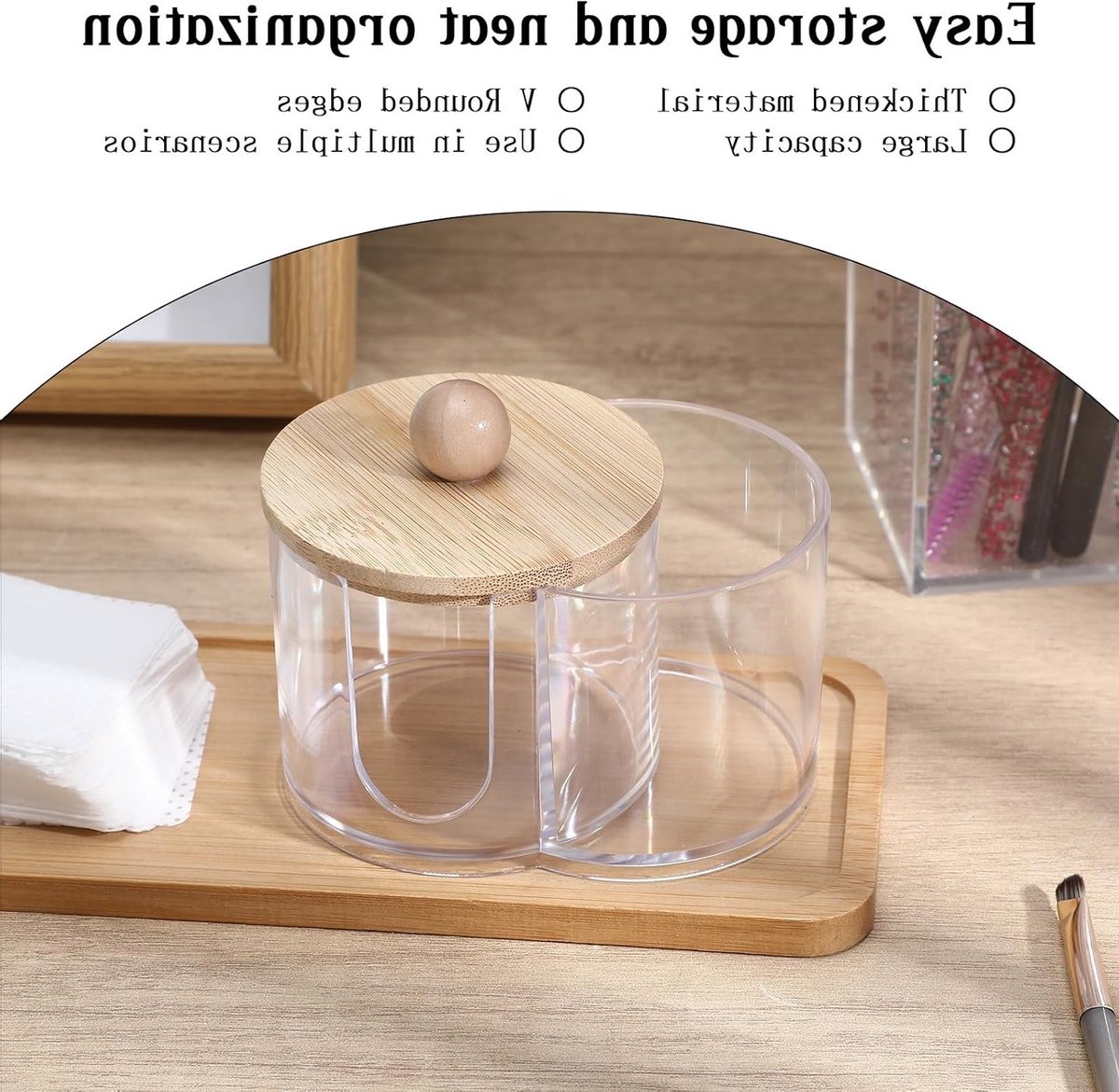 Cotton Swab en Pad Houder met Houten Deksel - Transparante Acryl Organizer voor Make-up Tafel en Badkamer, Stofdicht en Praktisch voor Oordoppen en Wattenpads — cadeau in Cadeau-ideeën - foto 4