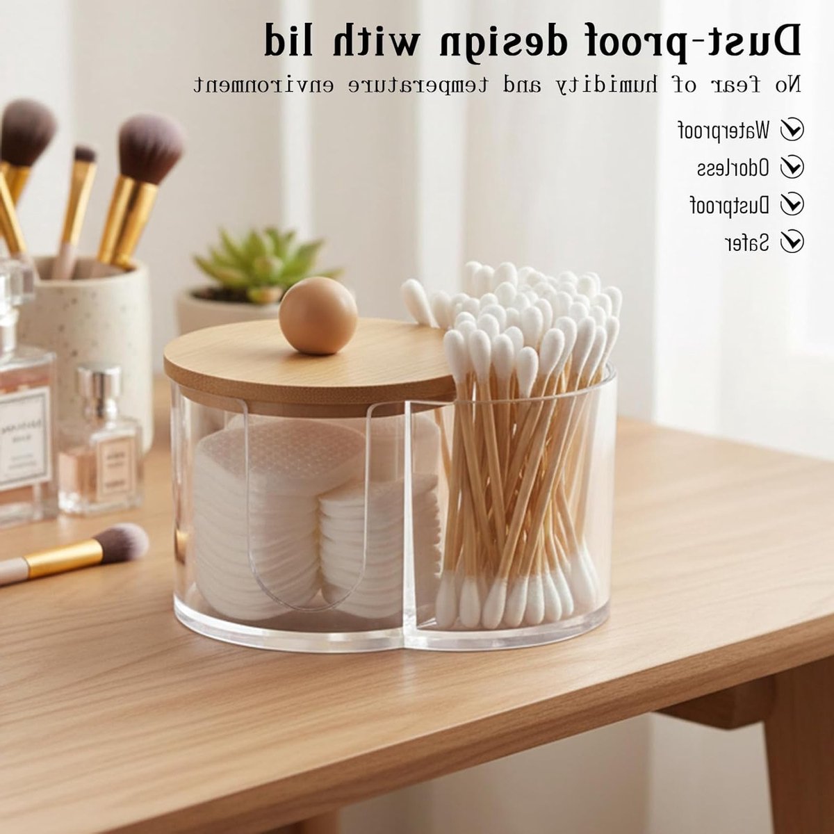 Cotton Swab en Pad Houder met Houten Deksel - Transparante Acryl Organizer voor Make-up Tafel en Badkamer, Stofdicht en Praktisch voor Oordoppen en Wattenpads — cadeau in Cadeau-ideeën - foto 6