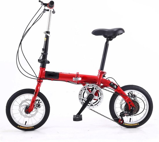 Compacte vouwfiets, rood frame, 14 inch wielen, zadel en stuurpen.