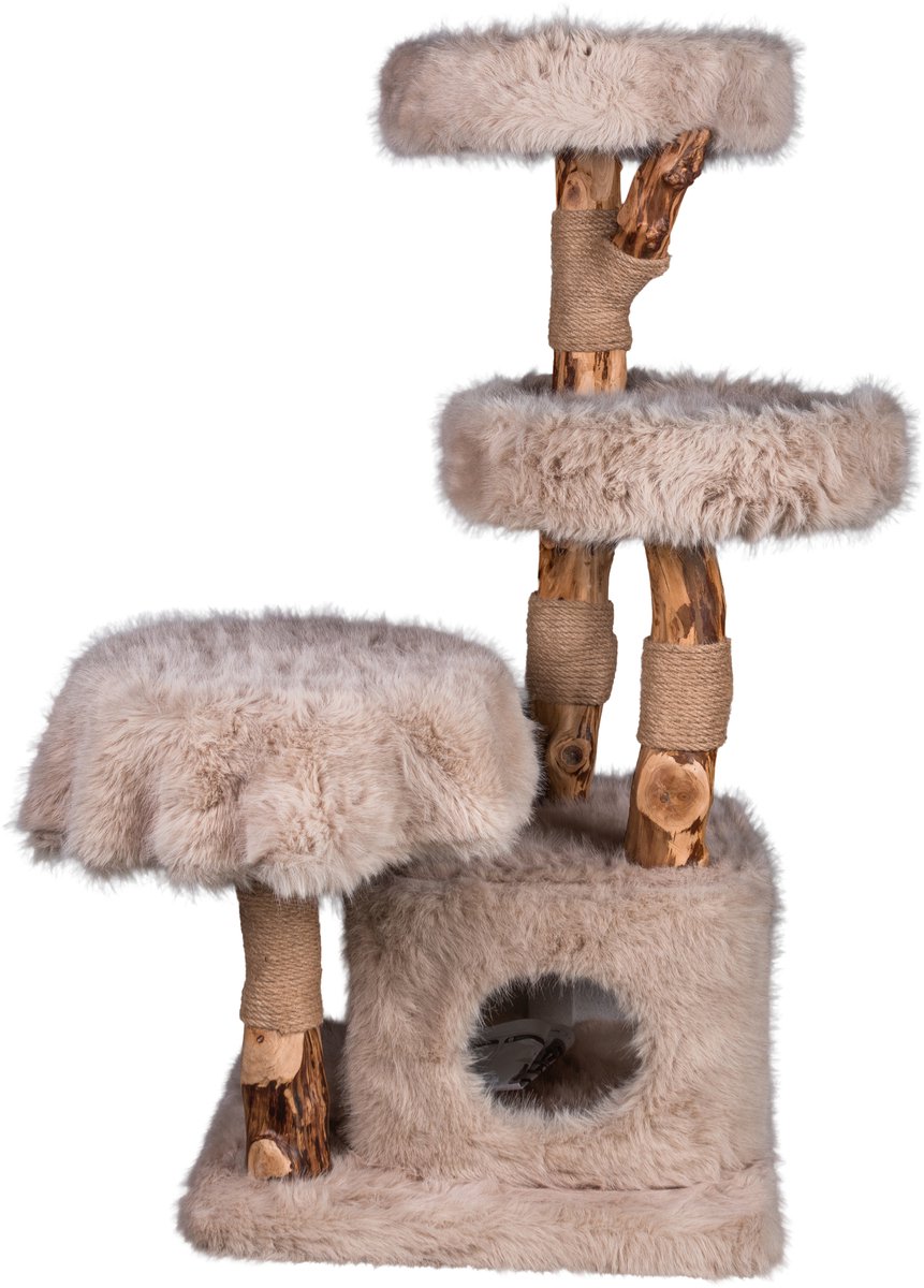 Zoodis krabpaal Stina 118 met Kattenhuis en Perenhout | Design Krabboom voor Katten | Sisal Krabpalen | Zachte Ligplaatsen | Beige