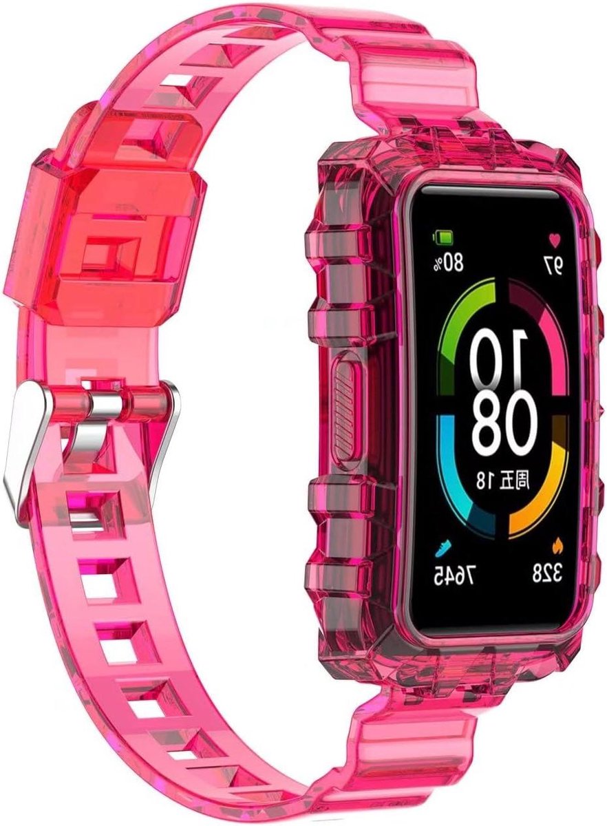 Horlogeband - Polsband Armband - Smartwatch Gebruik - Zacht Siliconen Materiaal - Verstelbaar - Transparant Rose Rood