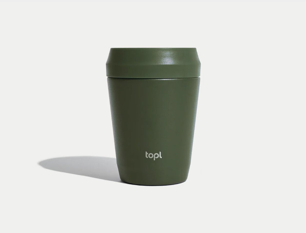 topl Reisbeker To Go Tumbler 8oz/235ml H133mm Olive Twist to open, drink 360 Patented Lid Made with RCS (Recycled Steel ) certified recycled materials and vacuum insulated Travel Mug Thermosbeker