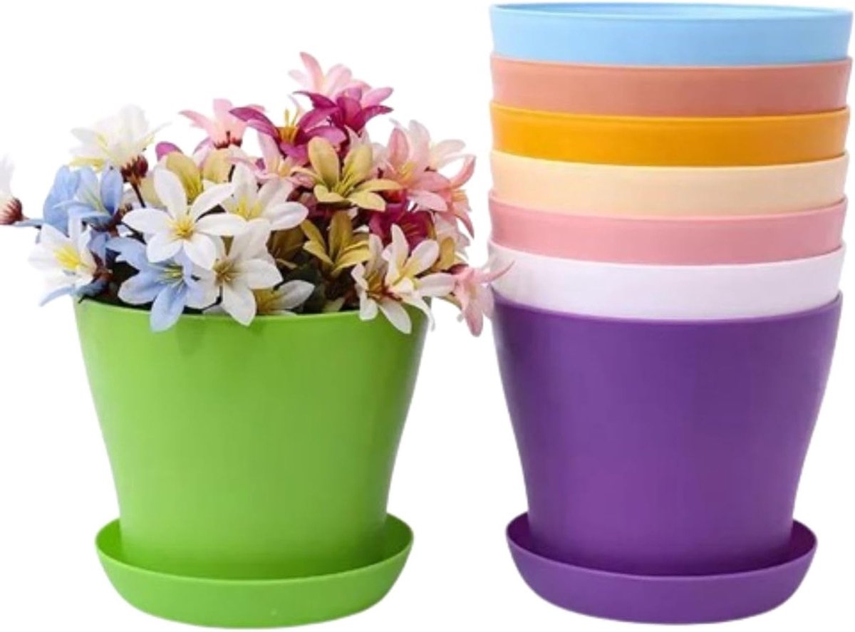 Kleurrijke 10-delige set bloempotten met schotels voor binnen, ideaal voor planten, zaadpotten en balkondecoratie (10 cm/4")