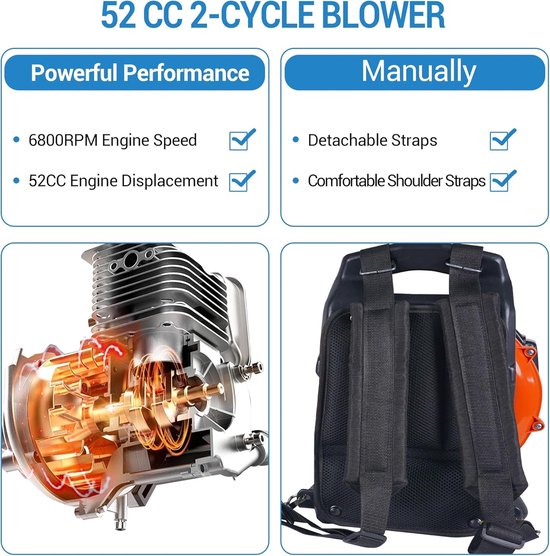 Krachtige rugzakbladblazer op gas, 52 cc, 2,2 pk, tweetaktmotor, 780 CFM, 270 MPH, draagbaar, krachtig, geluidsarm, ideaal voor gazon, tuin, bladeren en sneeuwruimen, oranje — afbeelding 3