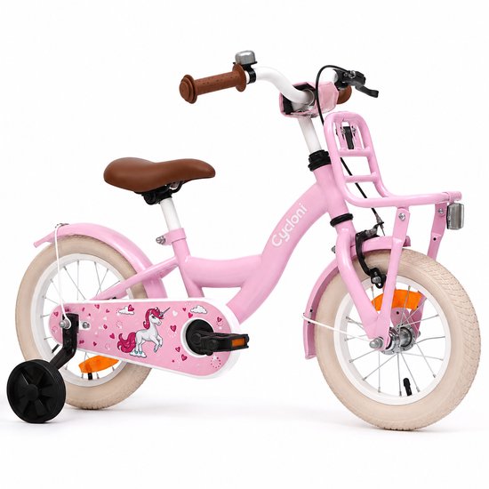 Roze kinderfiets van het merk Cycloni met eenhoorn-decoratie, bruine zadel, mandje voor en zijwieltjes.