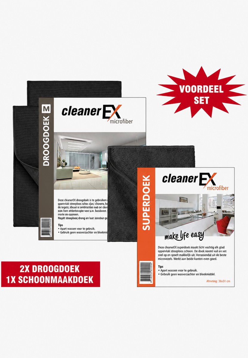 Cleaner Ex Voordeelset-Microvezel Raamdoeken-2x Droogdoek(61x46)+1xSchoonmaakdoek (36x31) Zwart
