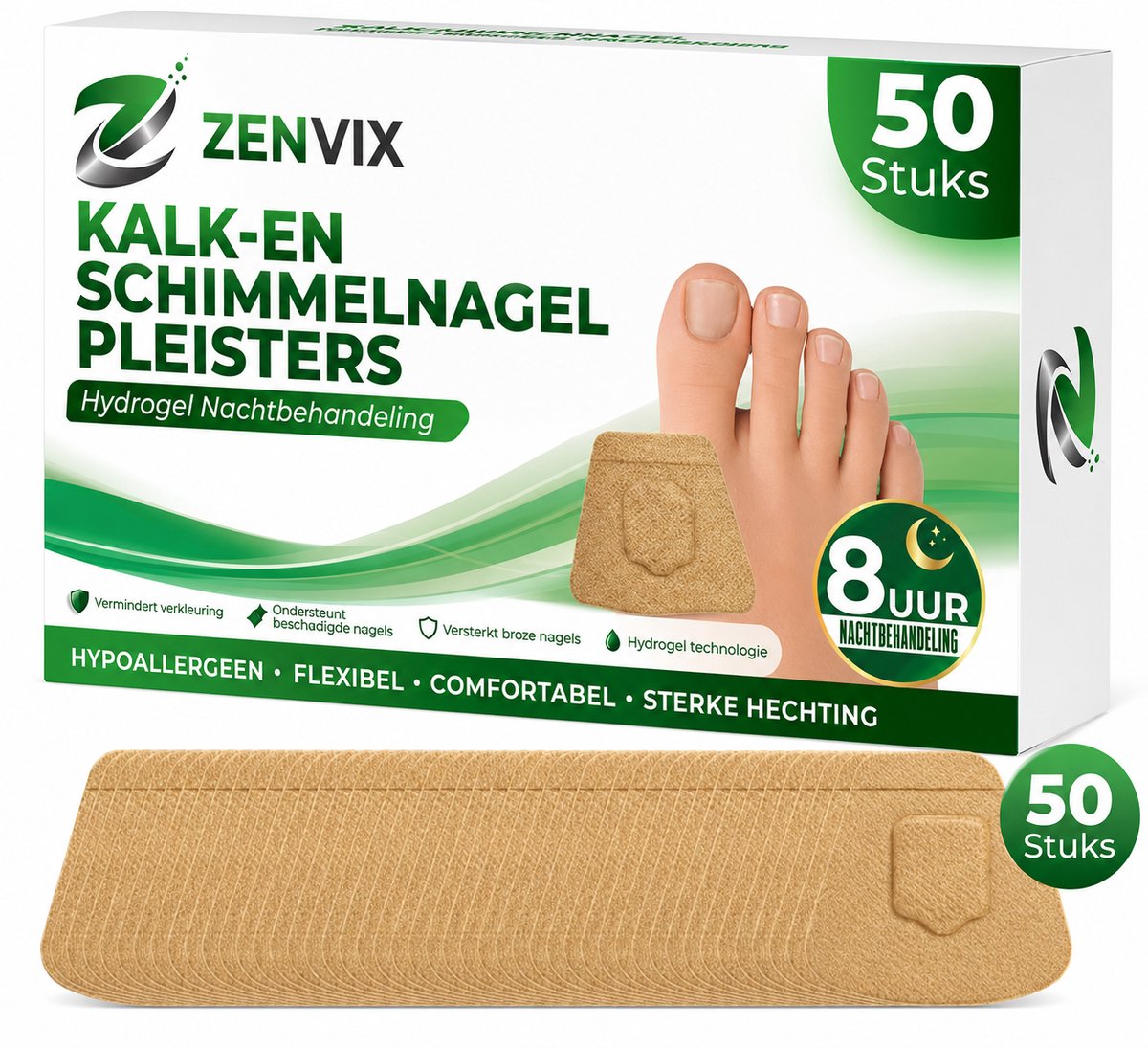 Zenvix® Kalknagel Pleister 50 stuks - Kalknagelbehandeling - Schimmelnagel Behandeling - Voetschimmel - Creme - Tegen Zwemmerseczeem - Alternatief voor Antischimmelcrème - Kalknagelpleisters
