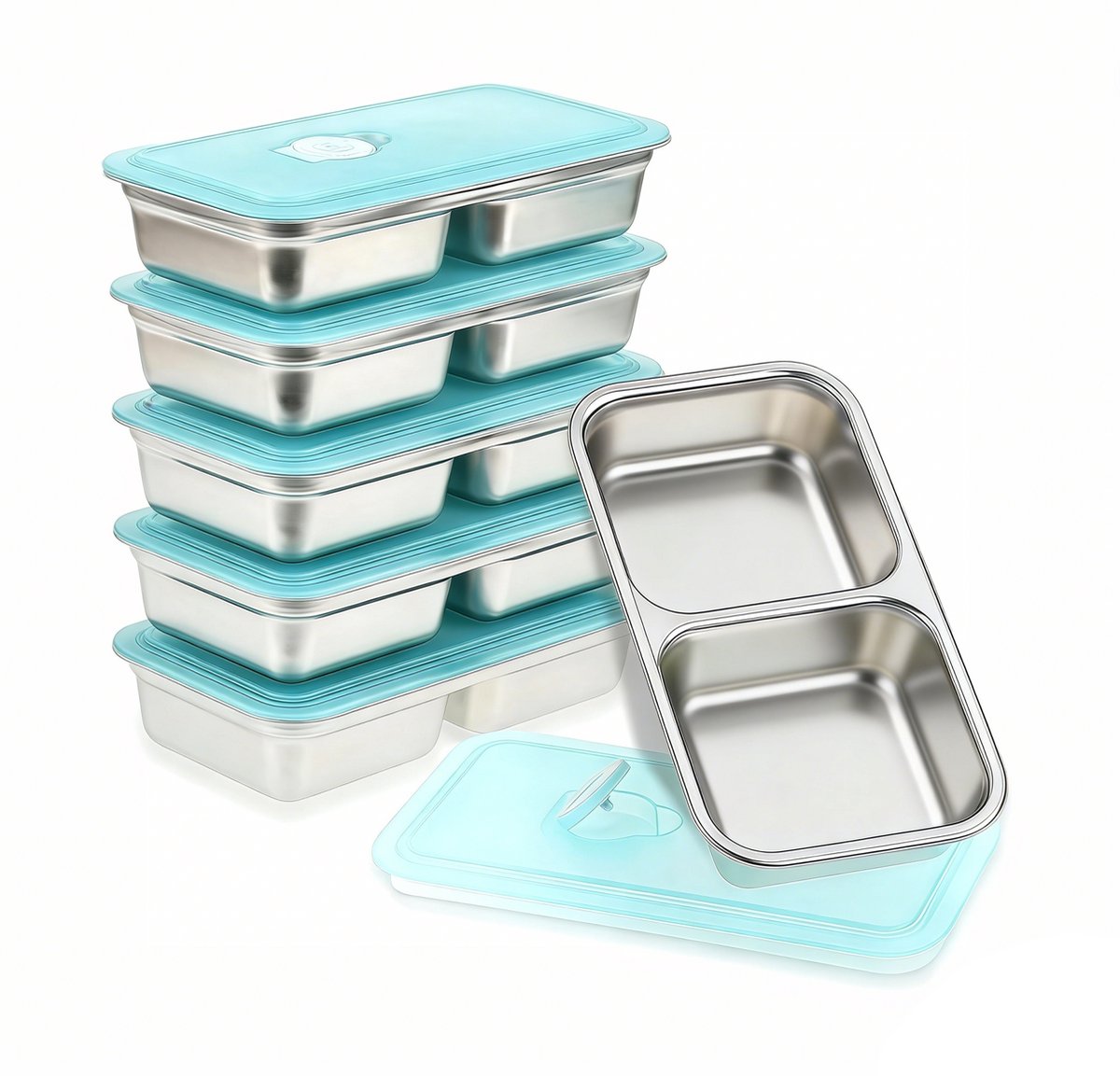 QTTVBTNA - 6 Stuks RVS Snackboxen – 2 Vakjes Bento Lunchbox met Deksel – Herbruikbaar, Vaatwasser-, Magnetron- en Vriesbestendig – Voor Outdoor, Werk en Take-away