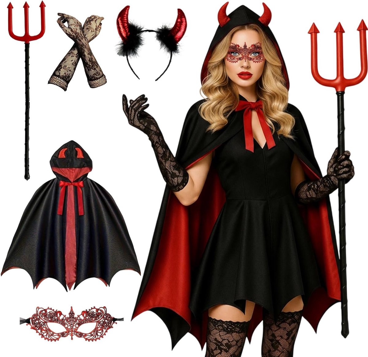 Vrouwelijk Halloween Kostuum Set met Hoody, Vampier Cape, Duivels Voorwerp, Hoorns en Oogmasker voor Feest en Carnaval