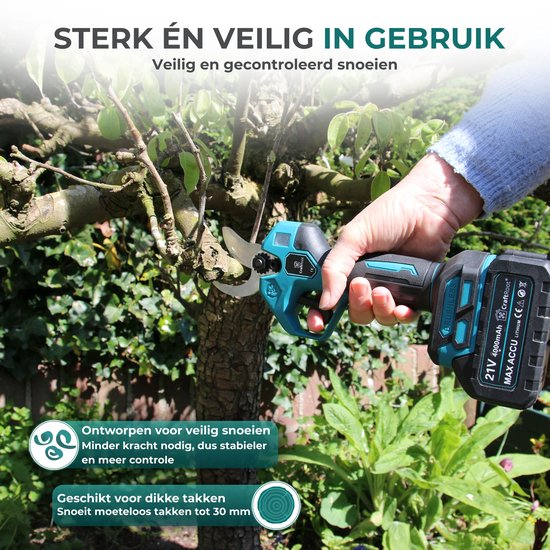 CraftRoot Elektrische Snoeischaar Incl. Opbergkoffer + Telescopische Verlengstok - tot 270cm Bereik en 2X 4.0Ah Accu’s- Professionele Draadloze Heggenschaar - 32mm Snijdiameter - Elektrische Takkenschaar - Tuin Snoei Schaar voor Heggen & Takken van CraftRoot — afbeelding 2
