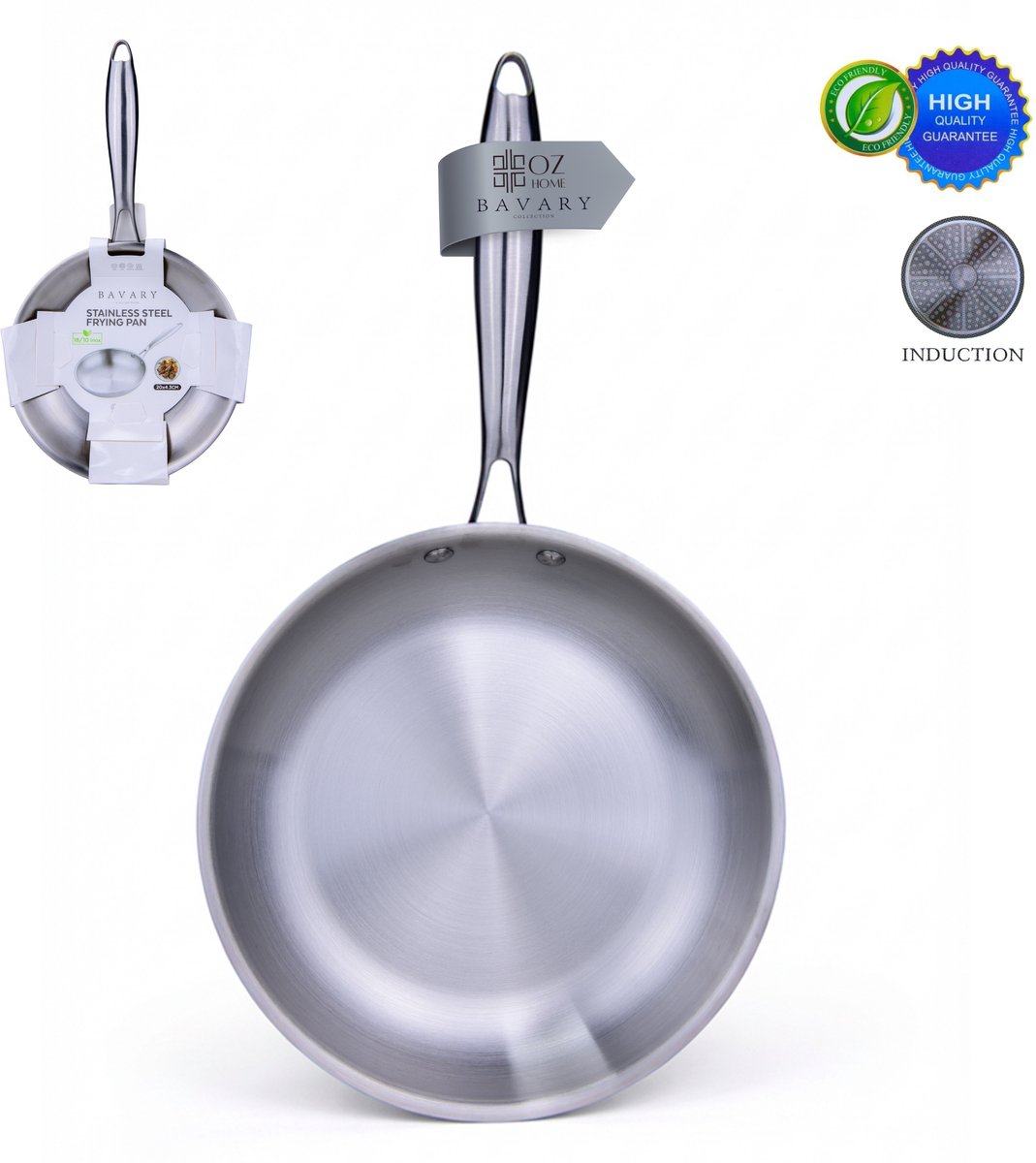 OZ Home Bavary RVS Koekenpan 20 cm - Inductie - 18/10 inox - Zonder Coating - PFAS-vrij - Alle Warmtebronnen