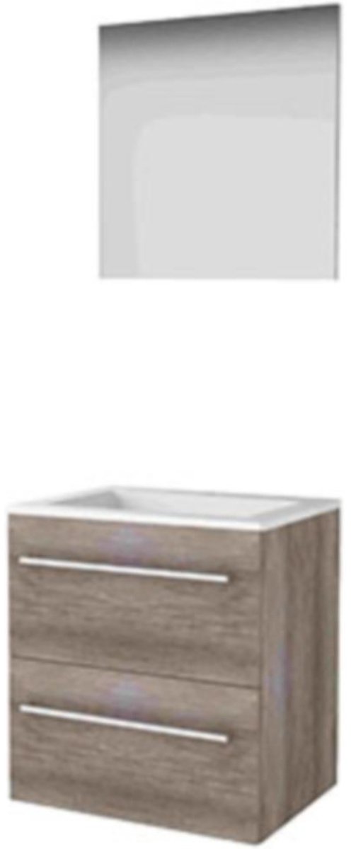 Basic-Line Basic 46 Badkamermeubelset - 60 x 46 cm - Met Grepen - 2 Lades - Acryl Wastafel - 1 Kraangat - Spiegel - Scotch Oak