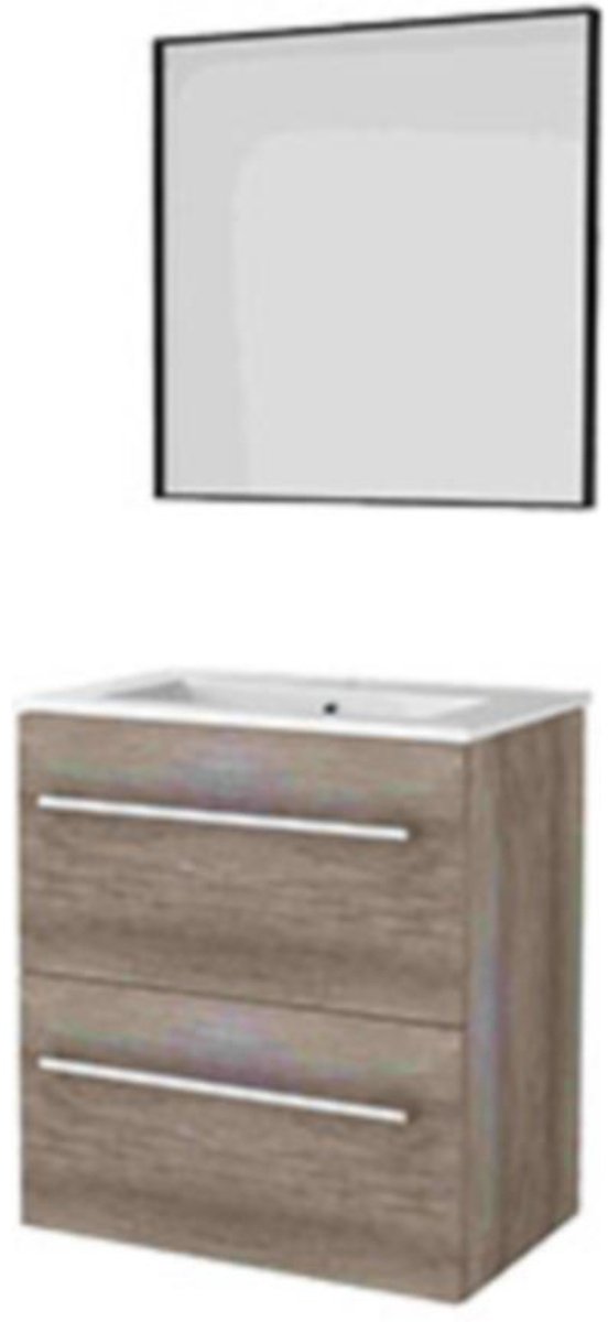 Basic-Line Framed 39 Badkamermeubelset - Ondiep - 60 x 39 cm - Met Grepen - 2 Lades - Keramische Wastafel - 1 Kraangat - Spiegel met Zwart Aluminium Frame - Scotch Oak