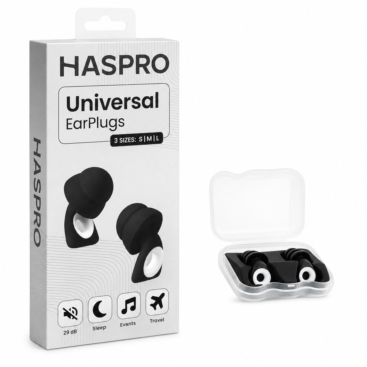 Haspro Herbruikbare Siliconen Oordoppen – SNR 29 dB – Geluidsdempende Oordoppen voor Slapen, Reizen & Werken – Inclusief S/M/L Tips & Opbergcase - Zwart