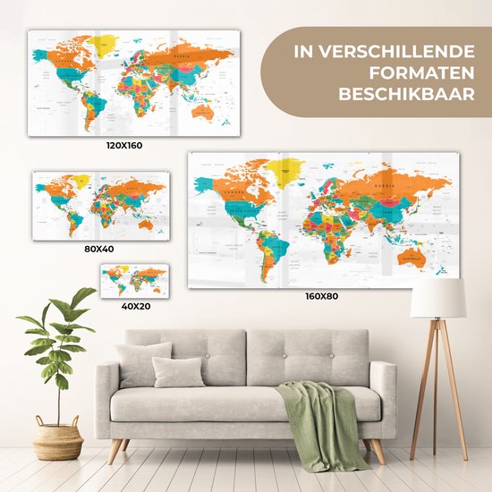 MuchoWow® Peinture sur verre 120x60 cm - Peinture sur verre acrylique - Wereldkaart Enfants - Terre - Topographie - Photo sur verre - Peintures
