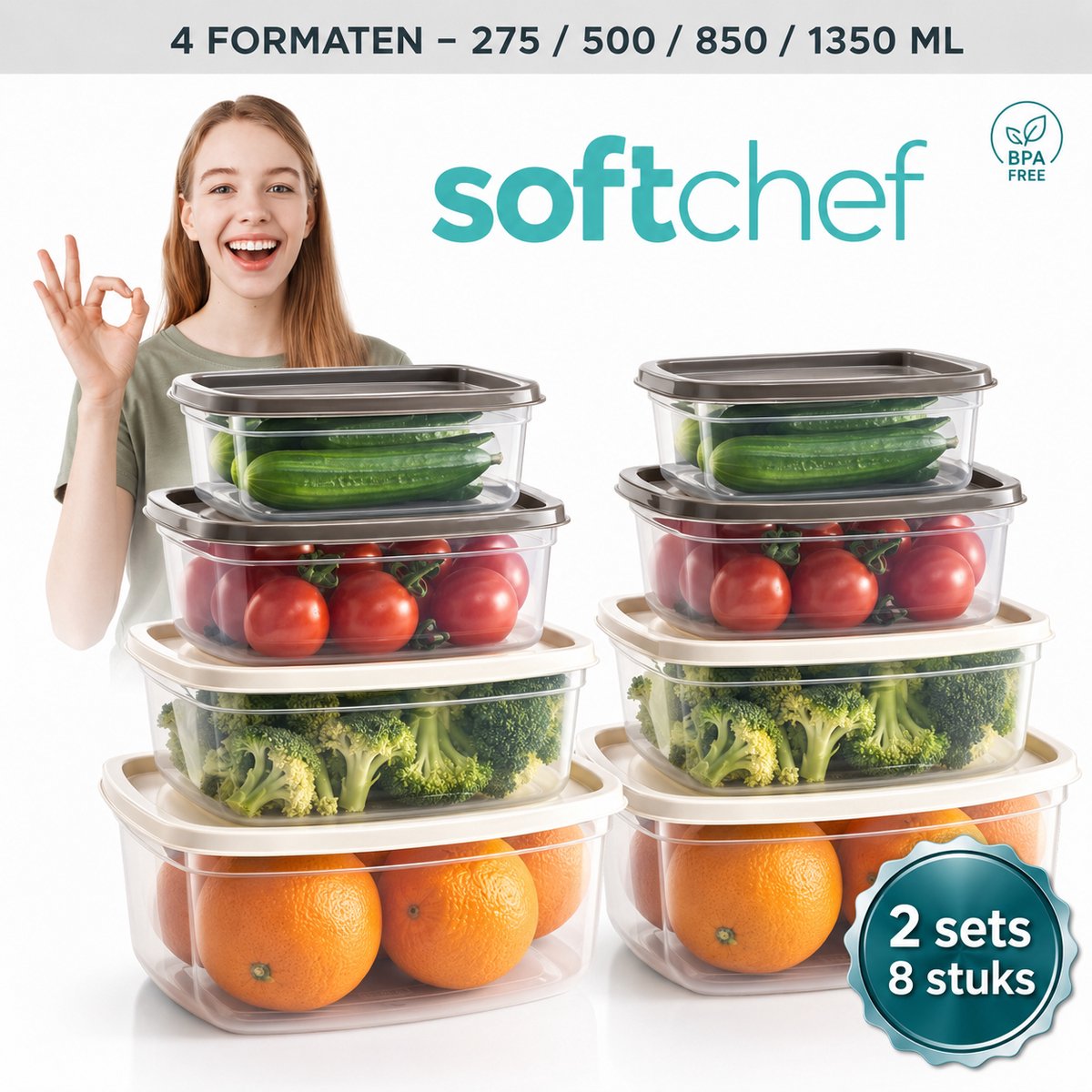 Soft Chef Easy Box Square – 8-delige vierkante voedselbewaarset (4 formaten × 2 stuks: 275/500/850/1350 ml) – BPA-vrij – Luchtdicht & stapelbaar – Transparant – Eigen productie