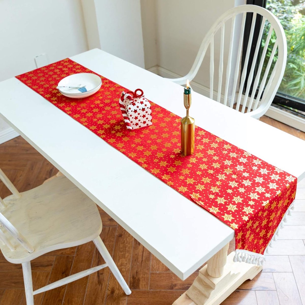 Tafel Runner - Linnen Print - Feestelijke Decoratie - Krimpbestendig - 33x200CM - Kerstvlokken