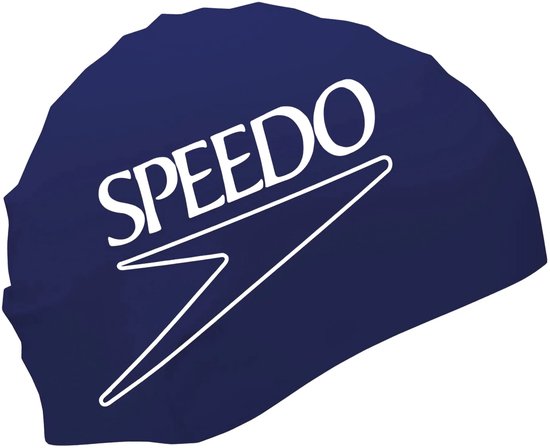 Donkerblauwe Speedo badmuts met wit Speedo logo.