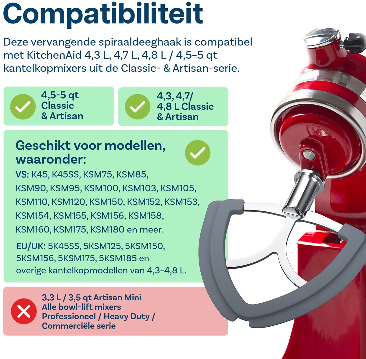 Flex Edge Klopper voor KitchenAid 4,5-5 Quart Tilt-Head Stand Mixers Artisan & Classic Series van MMOBIEL – RVS Platte Mixer Paddle met Flexibele Siliconen Randen - Komschraper – Vaatwasserbestendig thumbnail 2
