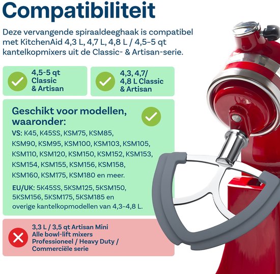 Flex Edge Klopper voor KitchenAid 4,5-5 Quart Tilt-Head Stand Mixers Artisan & Classic Series van MMOBIEL - RVS Platte Mixer Paddle met Flexibele Siliconen Randen - Komschraper - Vaatwasserbestendig van Merkloos — afbeelding 2