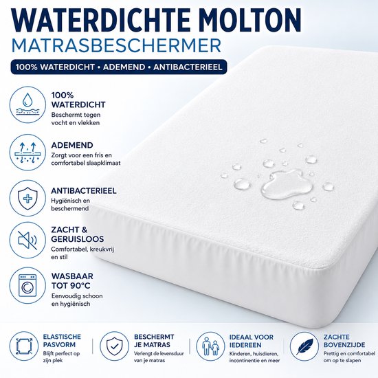 Waterdichte molton matrasbeschermer, wit. 100% waterdicht, ademend, antibacterieel, zacht & geruisloos, wasbaar tot 90°C.