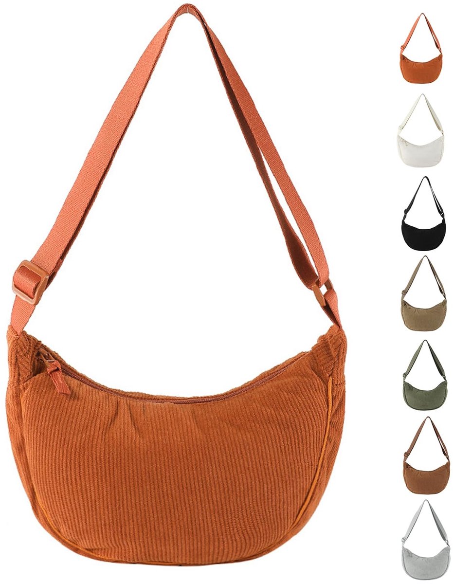 ONF3 - Corduroy halvemaanvormige tas - Crossbodytas dames - Verstelbare schouderriem - Ribfluweel - Ideaal voor dagelijks gebruik - Perfect voor...