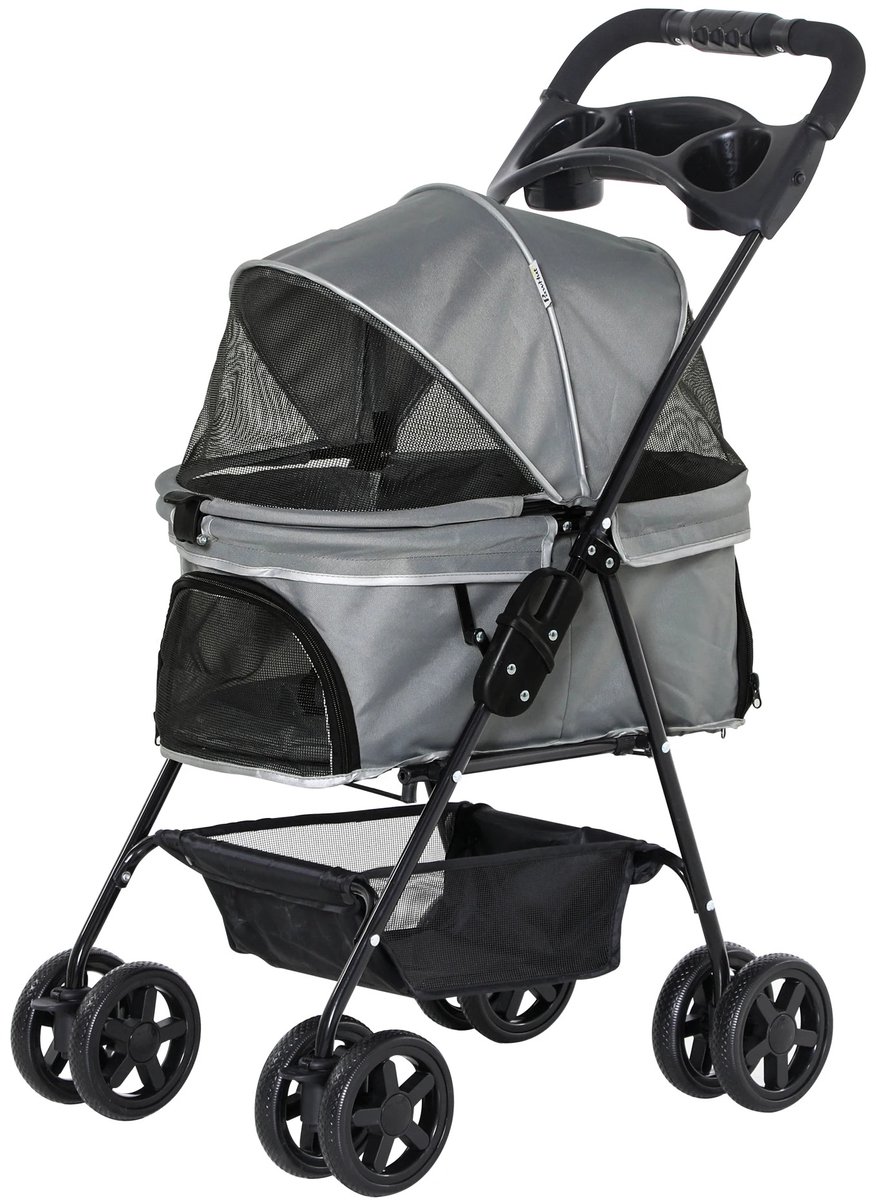 Archi Opvouwbare Hondenbuggy – Trolley - Opbergmand & Bekerhouders – Ventilatiekap Met Gaas – Universele Wielen Met Rem – Tot 15 kg – Grey