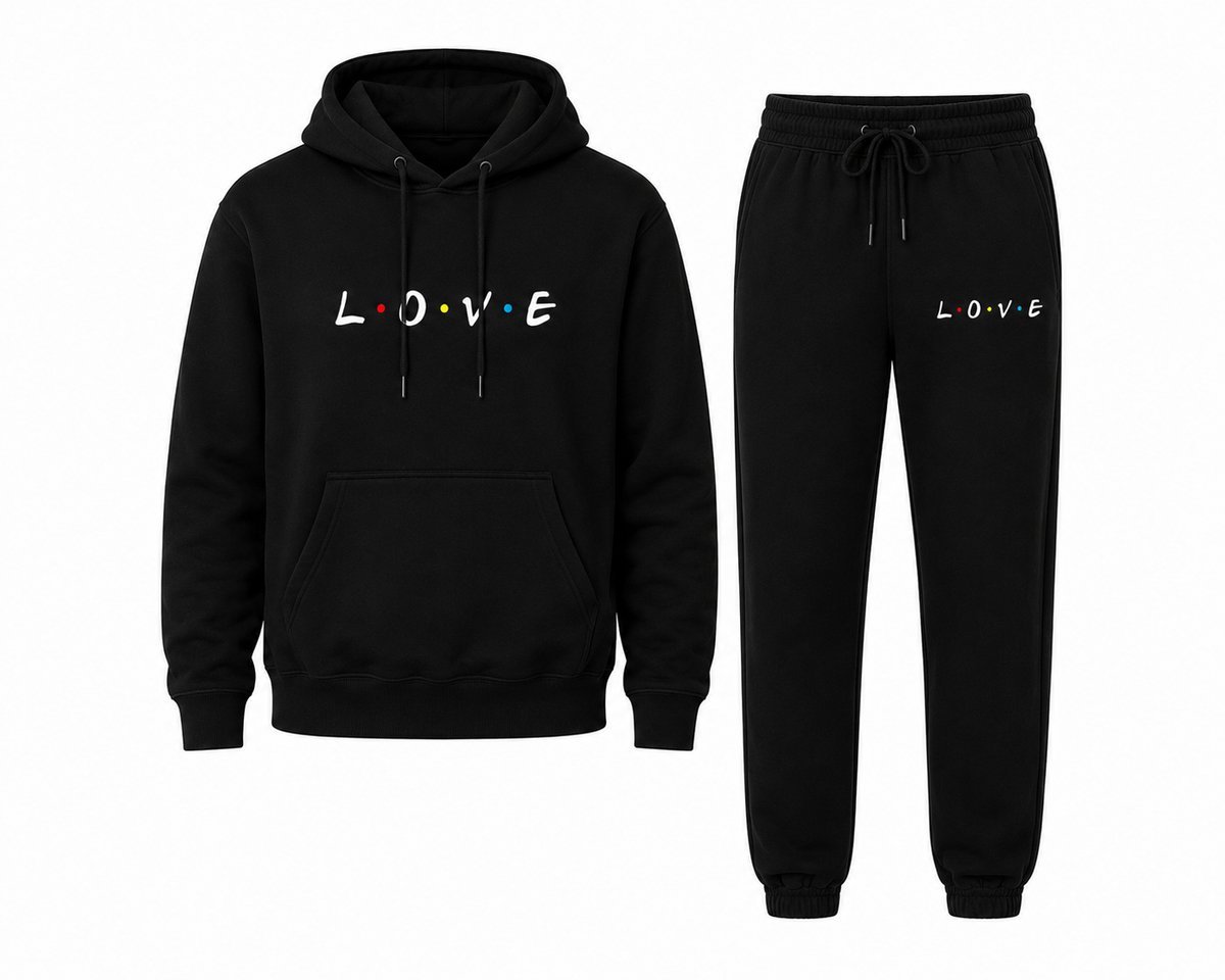 Hoodie Heren & Dames met Print en Capuchon - Love Print - Zwart Trainingspak met Joggingbroek - S