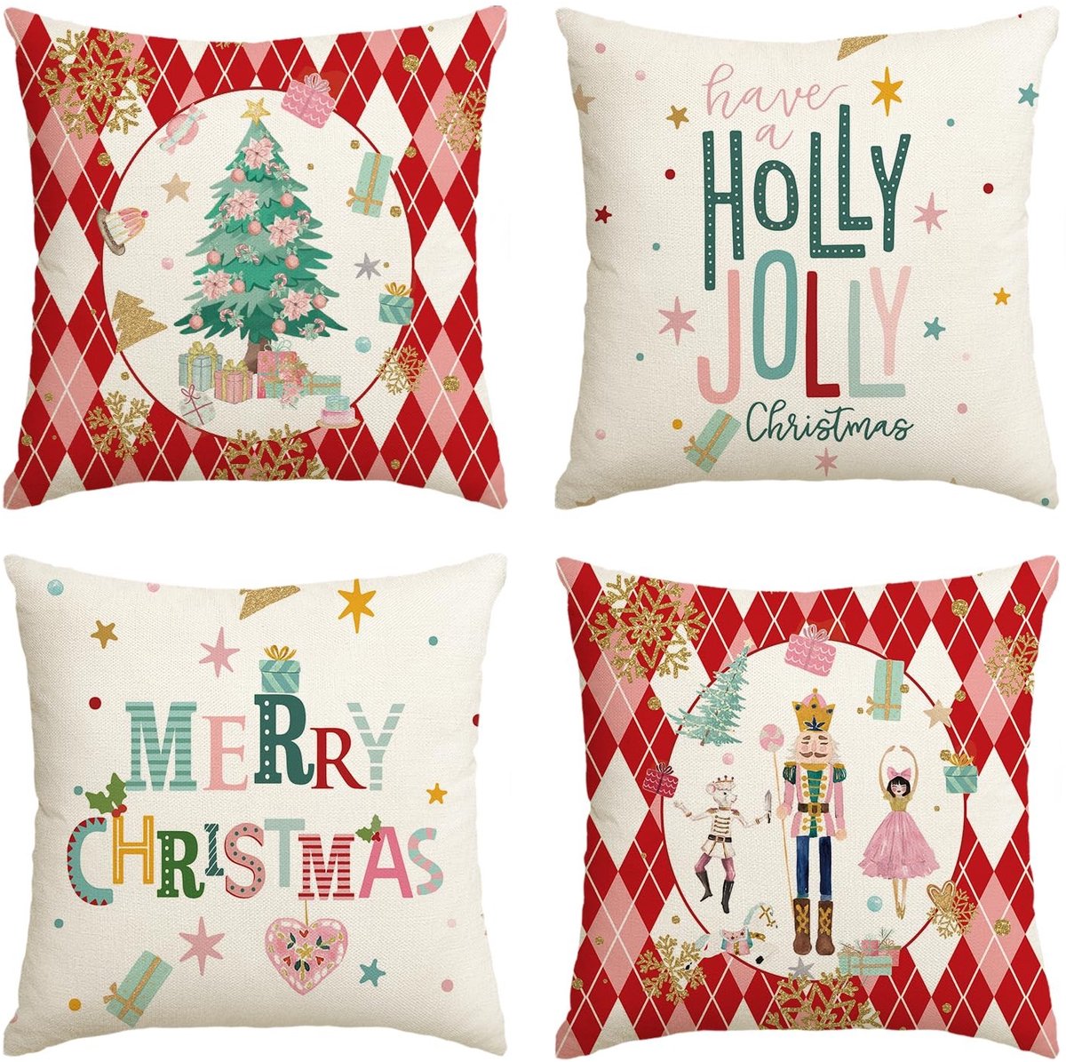 aladdien - Kerst Kussenhoezen - Rood Diamant Geruite Notenkraker - 4-delig - 45x45 cm - Decoratie voor Woonkamer - Gezellige Sfeer