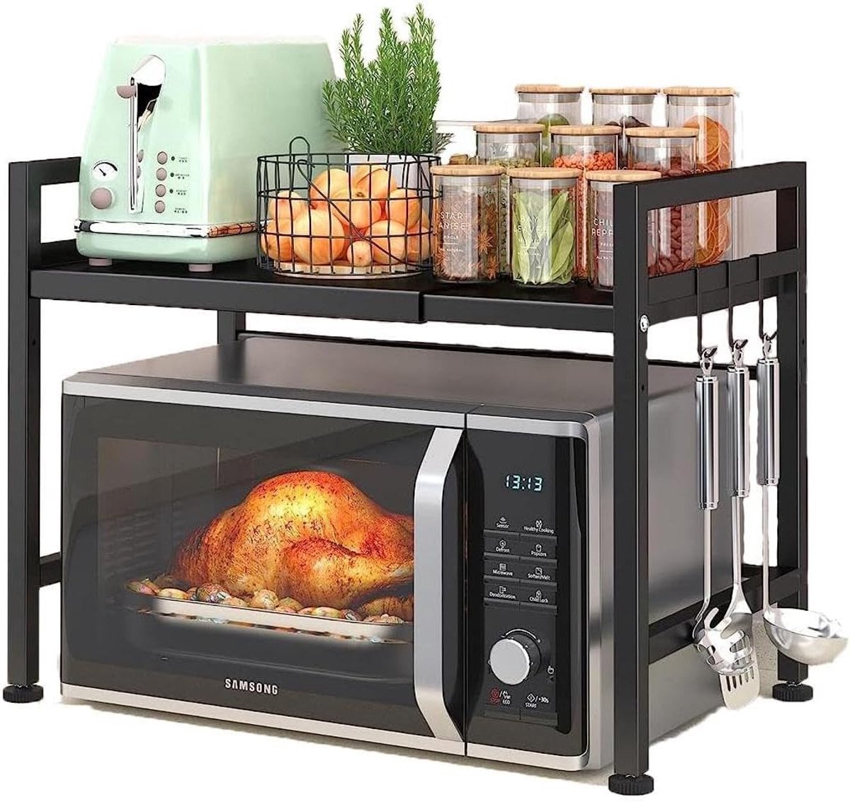 Verstelbaar Magnetronrek 2-laags - Uitschuifbaar & Extra Stevig - Keuken Organizer met Haken